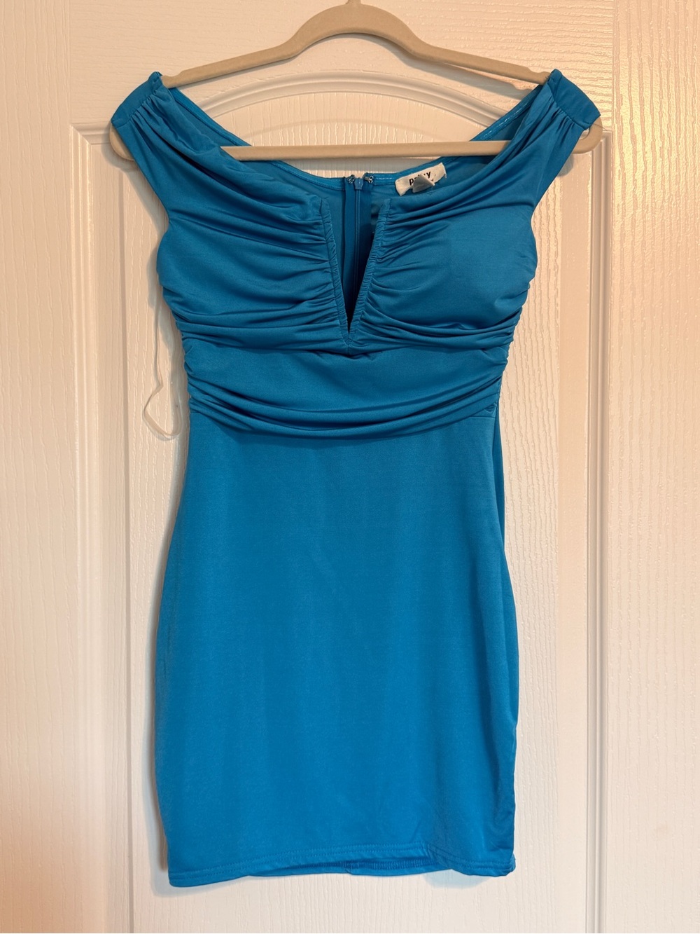 privy Turquoise Off-Shoulder Ruched Mini Dress